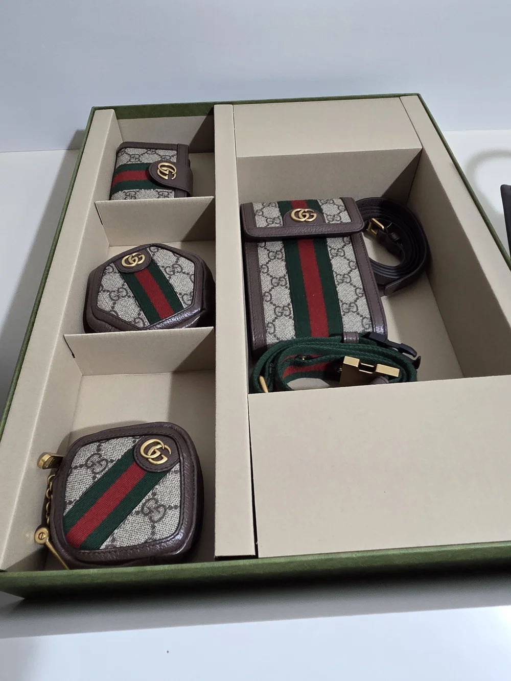 Gucci Beige GG Supreme Canvas Small Pouch Set with Green and Red Web Stripe